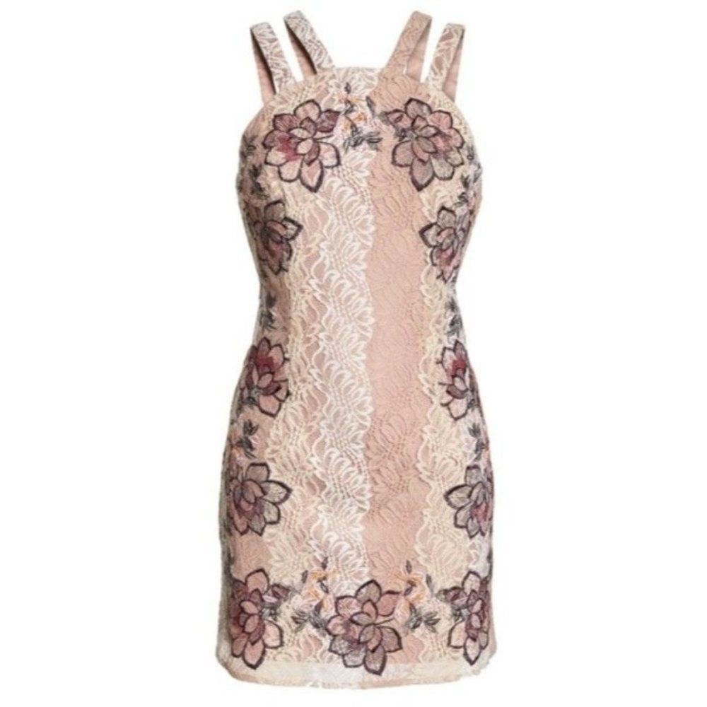 FOXIEDOX Georgina Floral Blush Multi Lace Halter Sheath Sleeveless Mini Dress